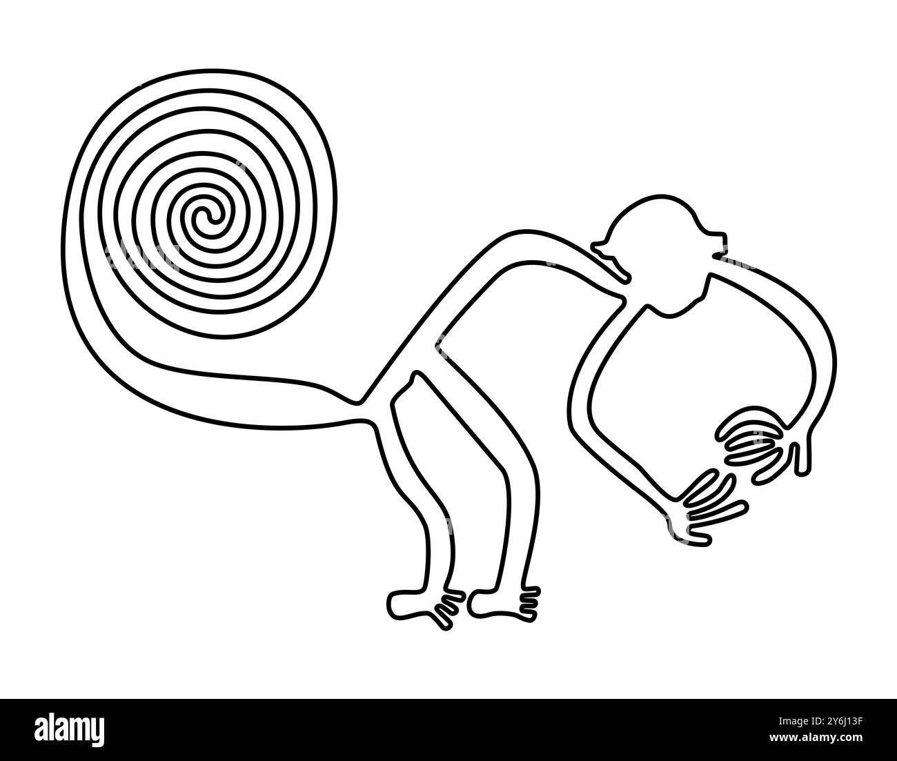 Der Affe. Nazca-Linien in der Wüste Südperus. Affenmotiv aus einer einzigen durchgehenden Linie. Geoglyphen, ca. 90 m breit. Stockfoto