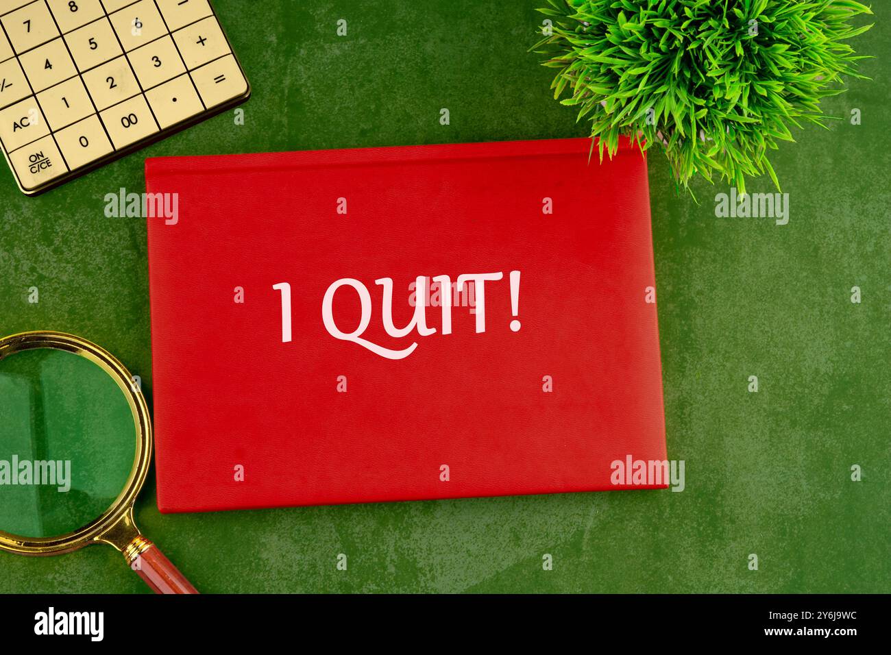 Motivierendes Inspirationskonzept für Leben und Wirtschaft. Ich HABE mit dem roten Buch AUFGEHÖRT, Geschäft auf grünem Hintergrund Stockfoto