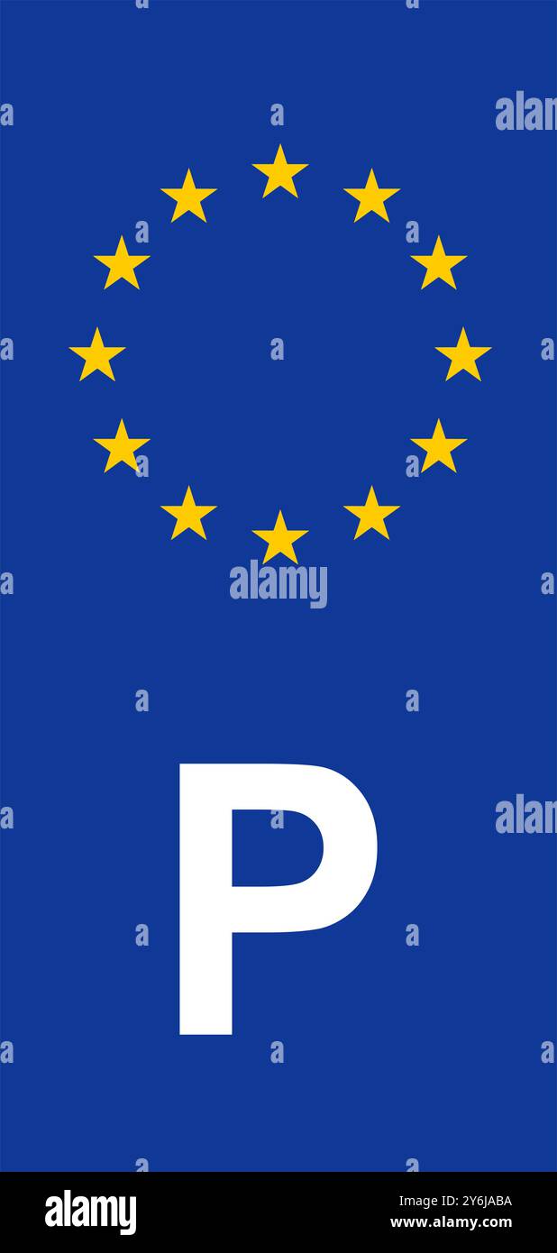 Portugiesisches Euroband mit nationalem Symbol: Blauer Hintergrund, der die Identität der Europäischen Union und Portugals für die Fahrzeugzulassung darstellt. Stock Vektor