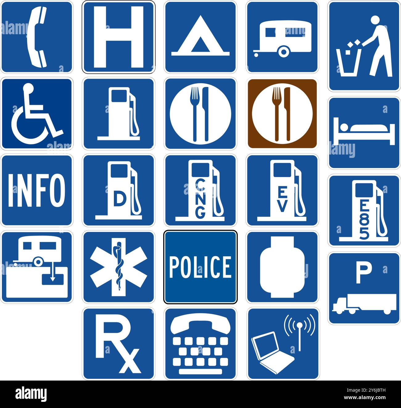 Comprehensive Motorist Services Signs Sammlung Mit Telefon, Krankenhaus, Camping, Gas, Lebensmittel, Unterbringung und Aufladen von Elektrofahrzeugen. Straßenschilder Stock Vektor