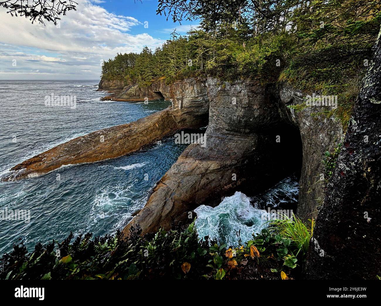 Maka Reservation, Washington, USA. September 2024. Nachmittags wurden Wolken geklärt, um die Schönheit der Ausblicke am Ende des Cape Flattery Trails zu enthüllen. Cape Flattery ist der nordwestlichste Punkt der angrenzenden Vereinigten Staaten. Sie liegt im Clallam County, Washington auf der Olympic Peninsula, wo die Straße von Juan de Fuca in den Pazifik mündet. Es ist auch Teil der Makah Reservation und ist die nördliche Grenze des Olympic Coast National Marine Sanctuary. (Kreditbild: © Bruce Chambers/ZUMA Press Wire) NUR REDAKTIONELLE VERWENDUNG! Nicht für kommerzielle ZWECKE! Stockfoto