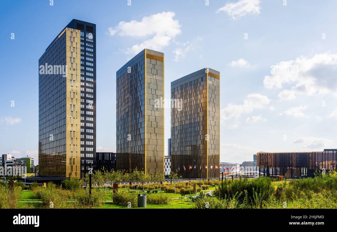 Türme und Palais des Gerichtshofs der Europäischen Union, der Justizbehörde der EU, in Luxemburg-Stadt. Stockfoto