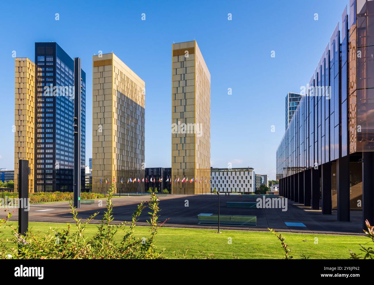 Türme und Palais des Gerichtshofs der Europäischen Union, der Justizbehörde der EU, in Luxemburg-Stadt. Stockfoto