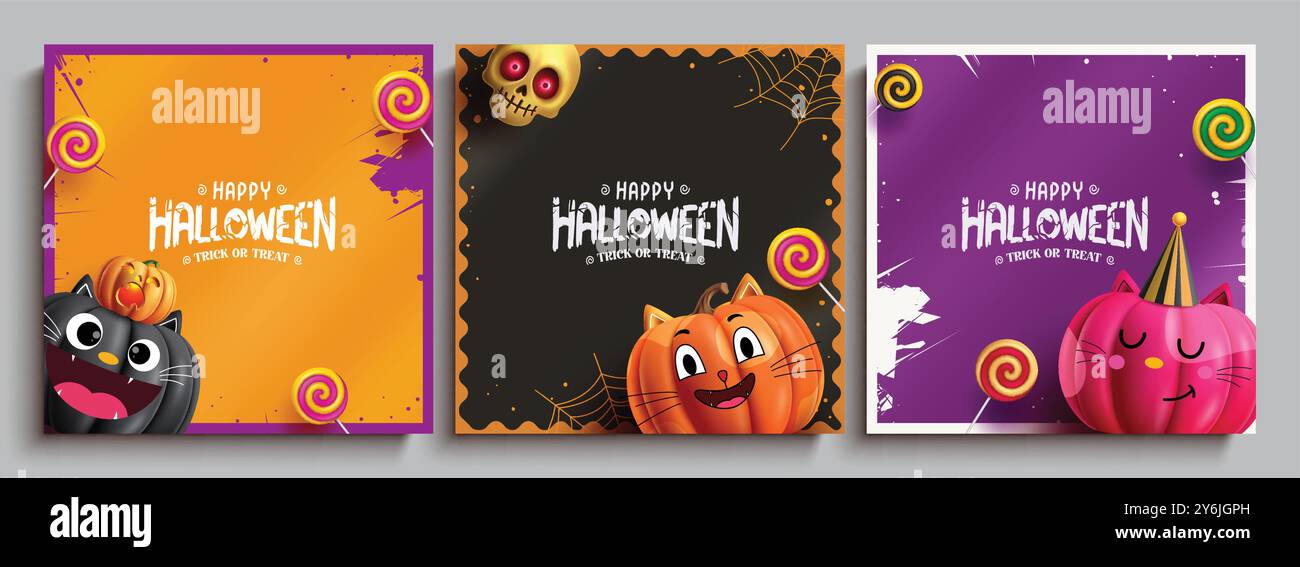 Happy halloween Gruß Vektor Poster Set Design. Halloween-Einladungskarte mit Kürbiskatzenfiguren in farbenfroher Vorlage Stock Vektor