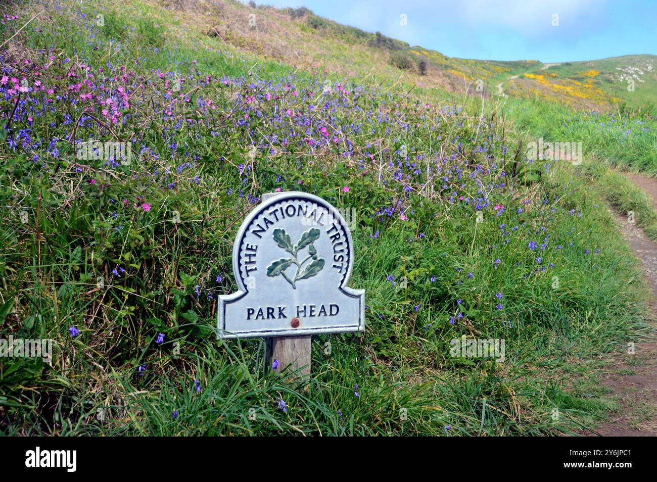 Das National Trust Sign on the Path to Park Head in der Nähe von Porthcothan am Southwest Coastal Path, North Cornwall, England, Großbritannien. Stockfoto