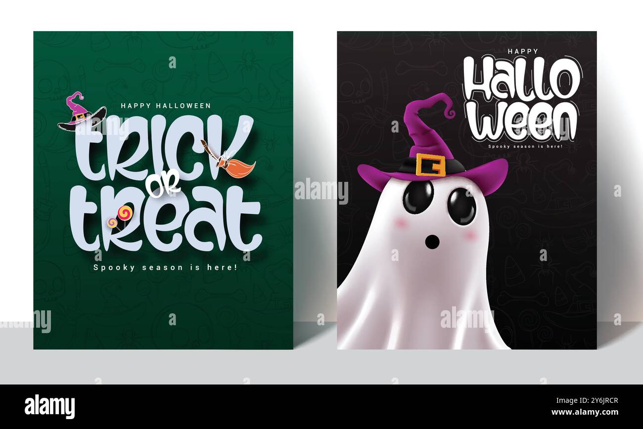 Halloween-Poster-Set mit „Trick or Treat“-Motiv. Halloween Grußtext in grünem und schwarzem leeren Raum gruseliger Hintergrund mit Geistercharakter tragen Stock Vektor