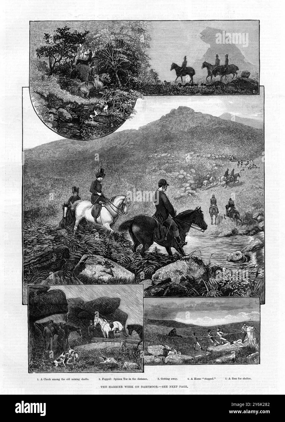 Die harrier-Woche auf Dartmoor. 1 . Eine Kontrolle zwischen den alten Bergbauschächten. 2 . Beschlagt : Sphinx Tor in der Ferne . 3 . Entkommen. 4 . Ein Pferd "bespritzt". 5 . Eine Flucht nach dem Zufluchtsort. 13. Mai 1882 Stockfoto