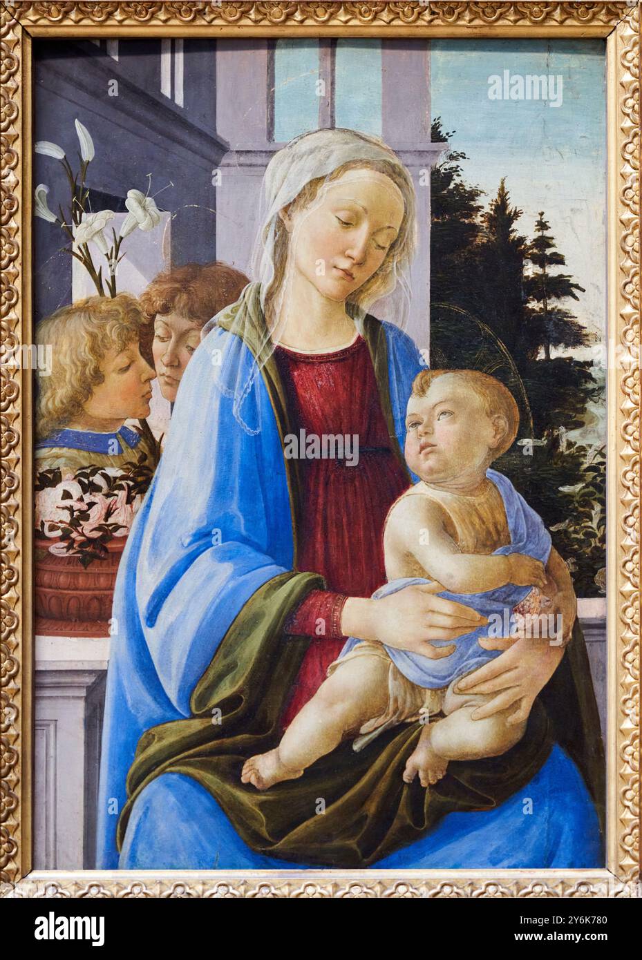 Die Jungfrau und das Kind mit zwei Engeln, bekannt als die Jungfrau mit einem Granatapfel, Gemälde auf Tafel (Pappel), um 1472-1475?, Filippino LIPPI, Prato (Toscane), Vers 1457 - Florenz, 1504, Musée du Louvre, Paris, Frankreich. Stockfoto