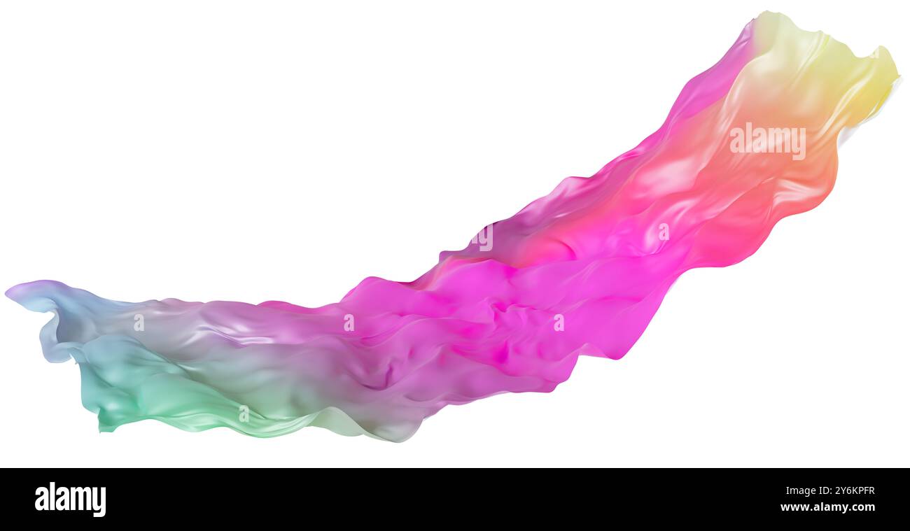 Abstraktes Material aus Regenbogengewebe mit fließender, reflektierender Oberfläche, isoliert auf weißem Hintergrund. Flüssiges, farbenfrohes Textil. Brillante Grafik Stockfoto