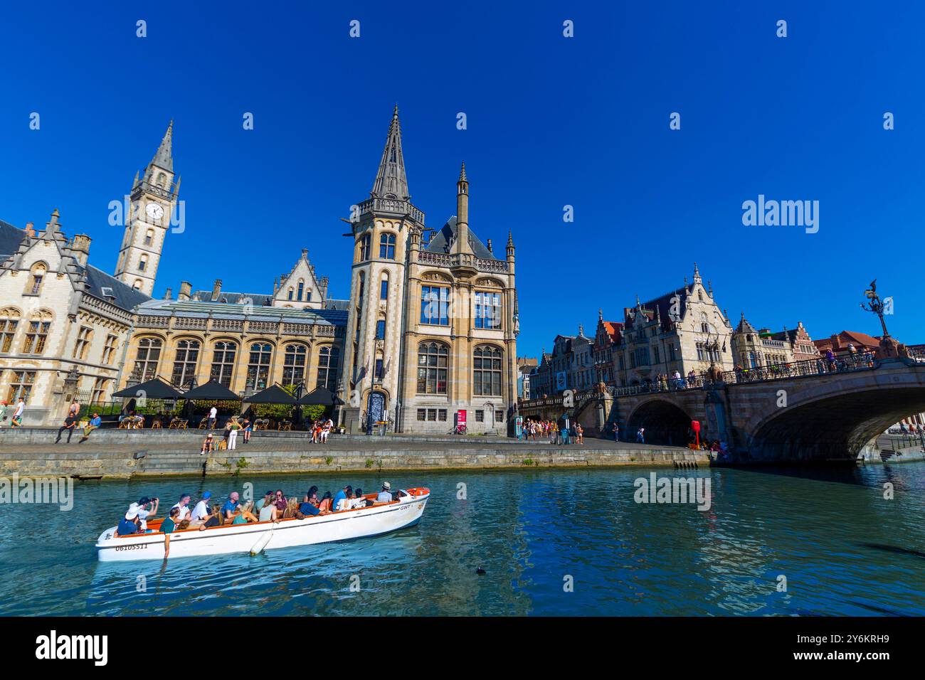 Europa, Belgien, Gent. Quai Graslei, die Lys. Bootsfahrt auf den Lys Stockfoto