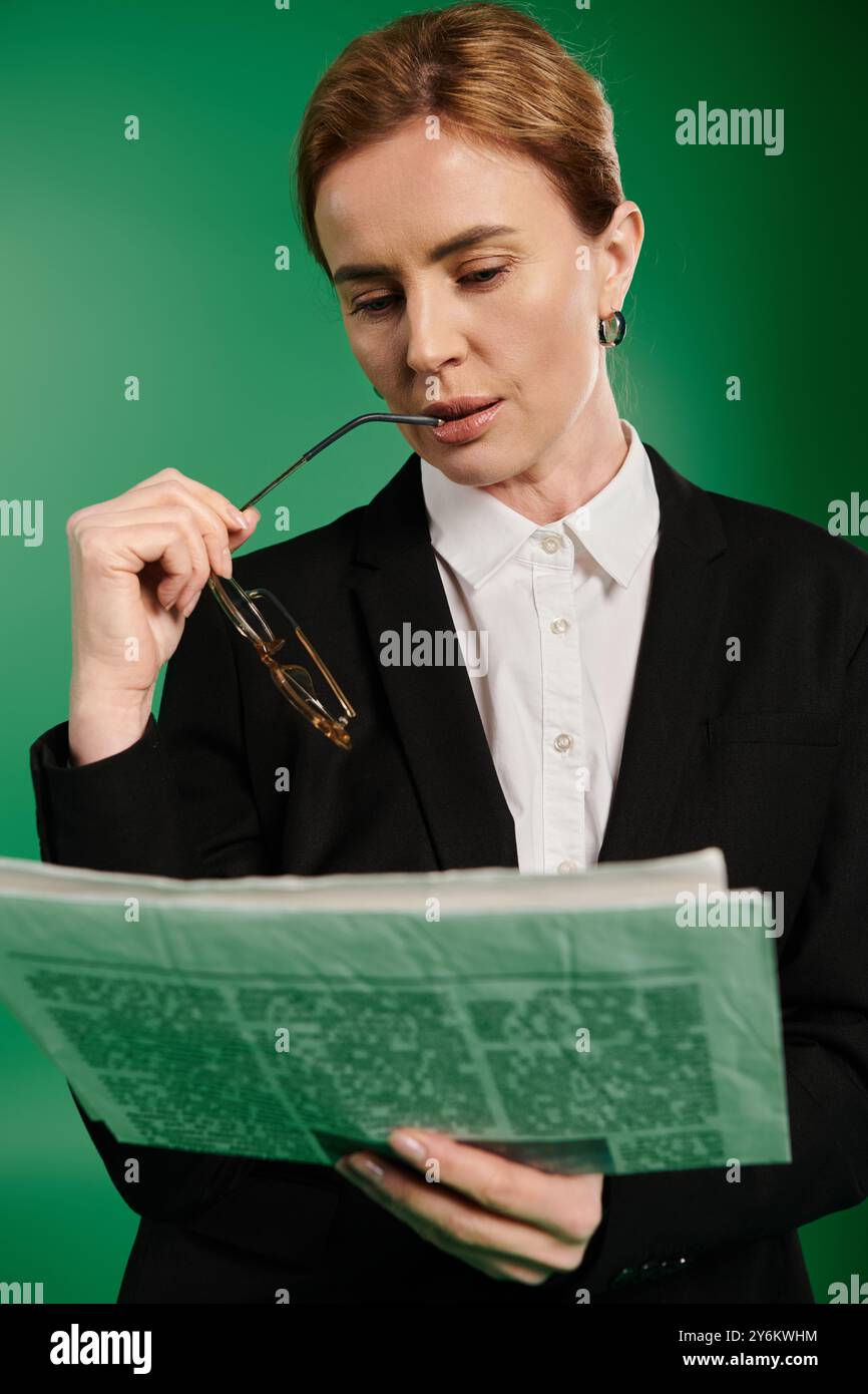 Der Fernsehmoderator liest nachdenklich eine Zeitung Stockfoto