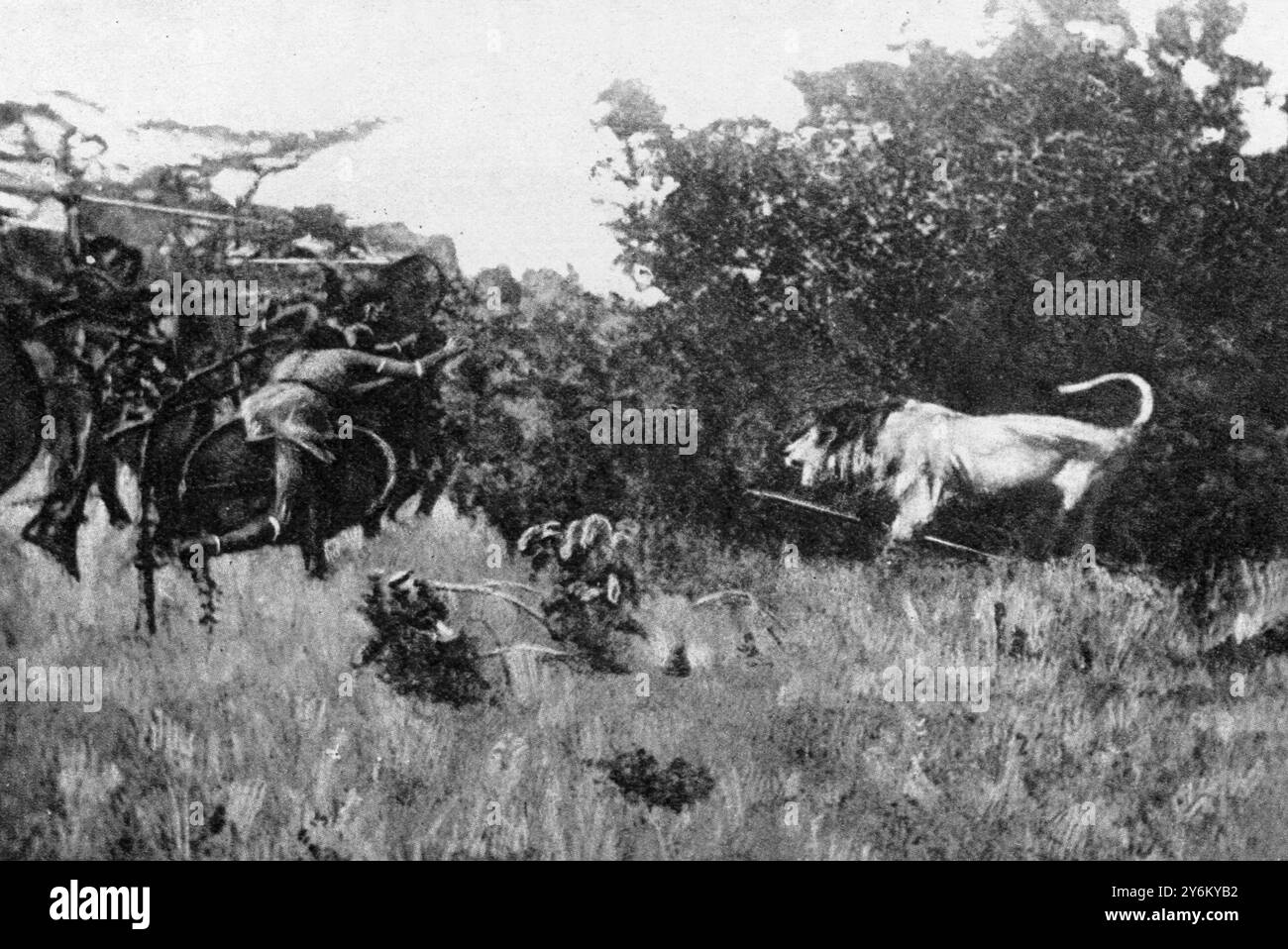 Masais, der einen menschenfressenden Löwen in Ostafrika hervorbringt: Einer der „Nervenkitzel“ von Mr. Cherry Keartons großartigem Reise-fim, „Wild Life Across the World“. 16. Juni 1923 Stockfoto