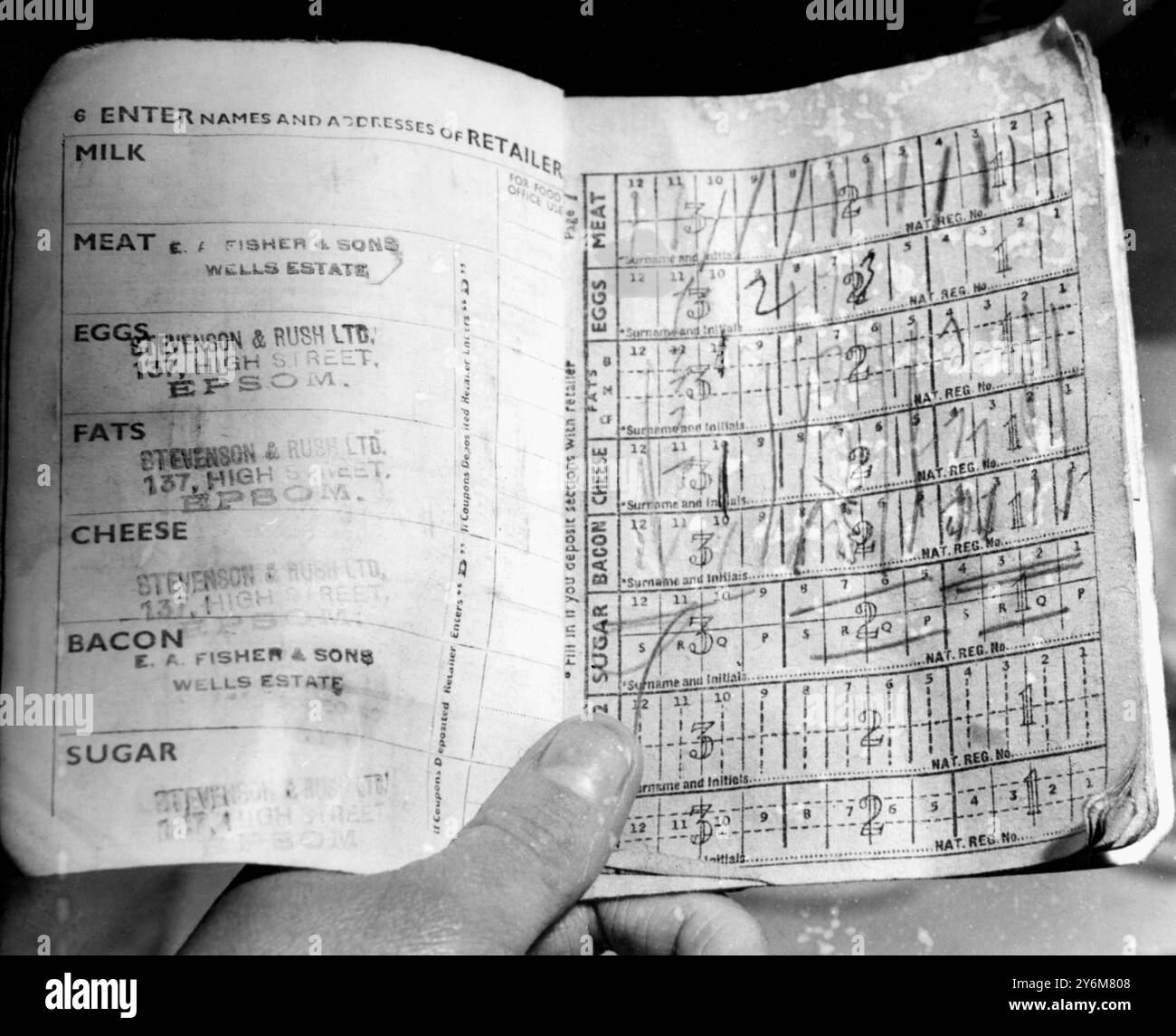 Dies ist eine Seite aus einem britischen Rationenbuch, das an jeden Bewohner der Britischen Inseln ausgestellt wird. Auf der linken Seite sind die Namen und Adressen der Geschäfte eingetragen, bei denen der Inhaber der Rationskarte seine rationalisierten Lebensmittel kauft. Auf der rechten Seite wird angezeigt, wie der Ladenbesitzer die Gutscheine markiert, wenn die wöchentlichen Rationen gekauft wurden. 17. Februar 1951 Stockfoto