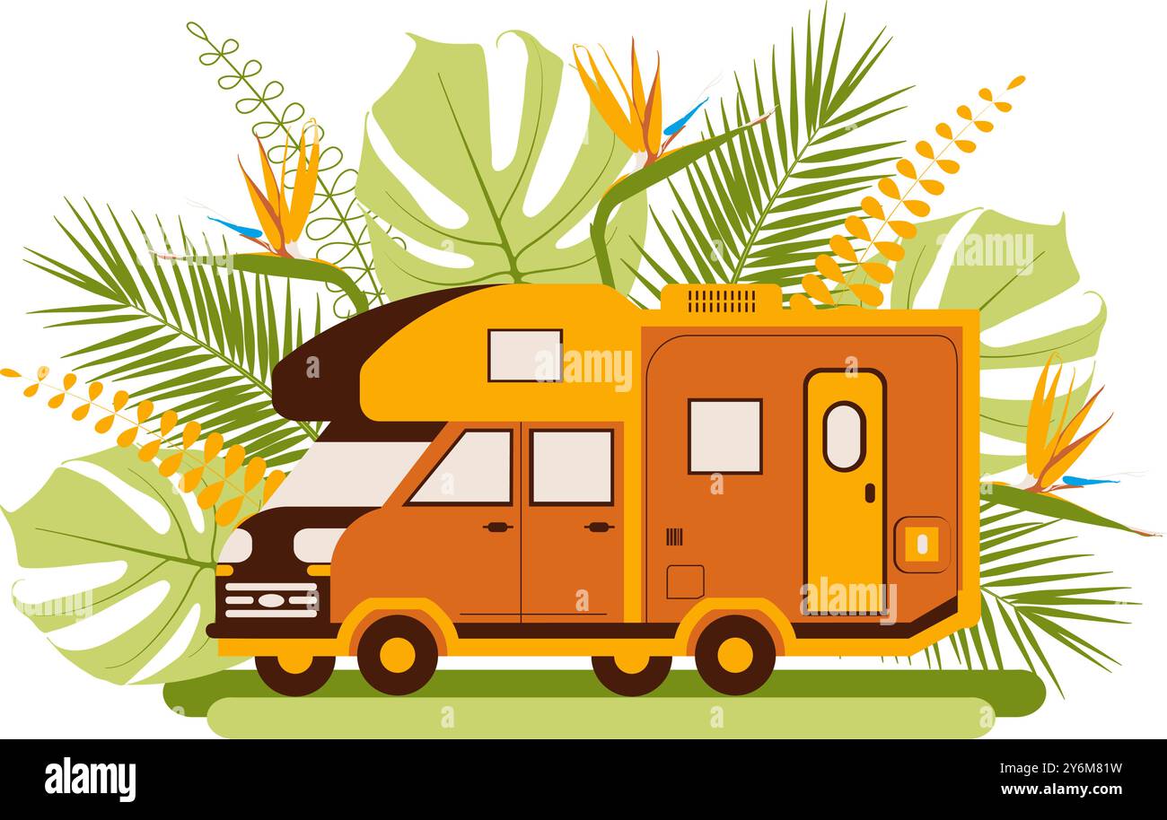 Vektor-Illustration eines orangen und gelben Wohnwagens umgeben von tropischen Pflanzen, die ein Sommer-Camping-Thema darstellen. Stock Vektor