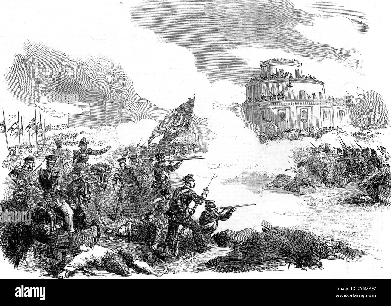 Schlacht von Monte Caseros 4. Dezember 1852 die Schlacht von Caseros (auch bekannt als Monte Caseros) wurde am 3. Februar 1852 in Caseros, dem heutigen Estación El Palomar, in der argentinischen Provinz Buenos Aires zwischen der Armee von Buenos Aires unter dem Kommando von Juan Manuel de Rosas und der Großen Armee (Ejército Grande) unter Justo José de Urquiza ausgetragen. Die Truppen von Urquiza, Caudillo und Gouverneur von Entre Ríos, besiegten Rosas, der nach Großbritannien floh. Diese Niederlage markierte eine scharfe Spaltung in der Geschichte Argentiniens. Als provisorischer Direktor der argentinischen Konföderation unterstützte Urquiza die Gründung von Stockfoto