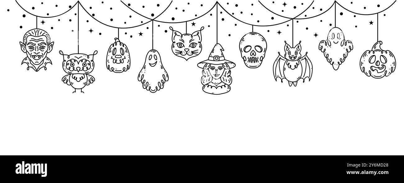 Halloween-Girlande mit Doodle-Style-Charakteren Stock Vektor