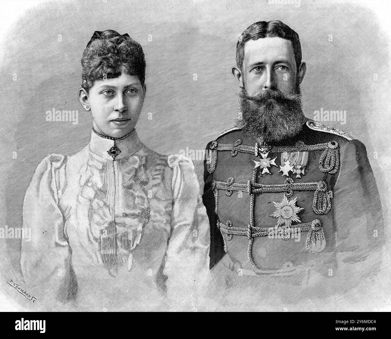 Die königliche Ehe zu Berlin: Prinzessin Victoria von Preußen und Prinz Adolf von Schaumburg-Lippe 15. November 1890 Prinzessin Viktoria von Preußen (12. April 1866 – 13. November 1929) war die zweite Tochter von Friedrich III. Von Deutschland (1831–1888) und dessen Ehefrau, die ehemalige Prinzessin Victoria, Prinzessin Royal (1840–1901), Tochter von Königin Victoria. Ihr vollständiger Name war Frederica Amalia Wilhelmine Viktoria, aber in der Öffentlichkeit war sie immer Prinzessin Viktoria, und in der Familie hieß sie Moretta oder Young Vicky. Am 19. November 1890 heiratete sie Prinz Adolf von Schaumberg-Lippe Stockfoto