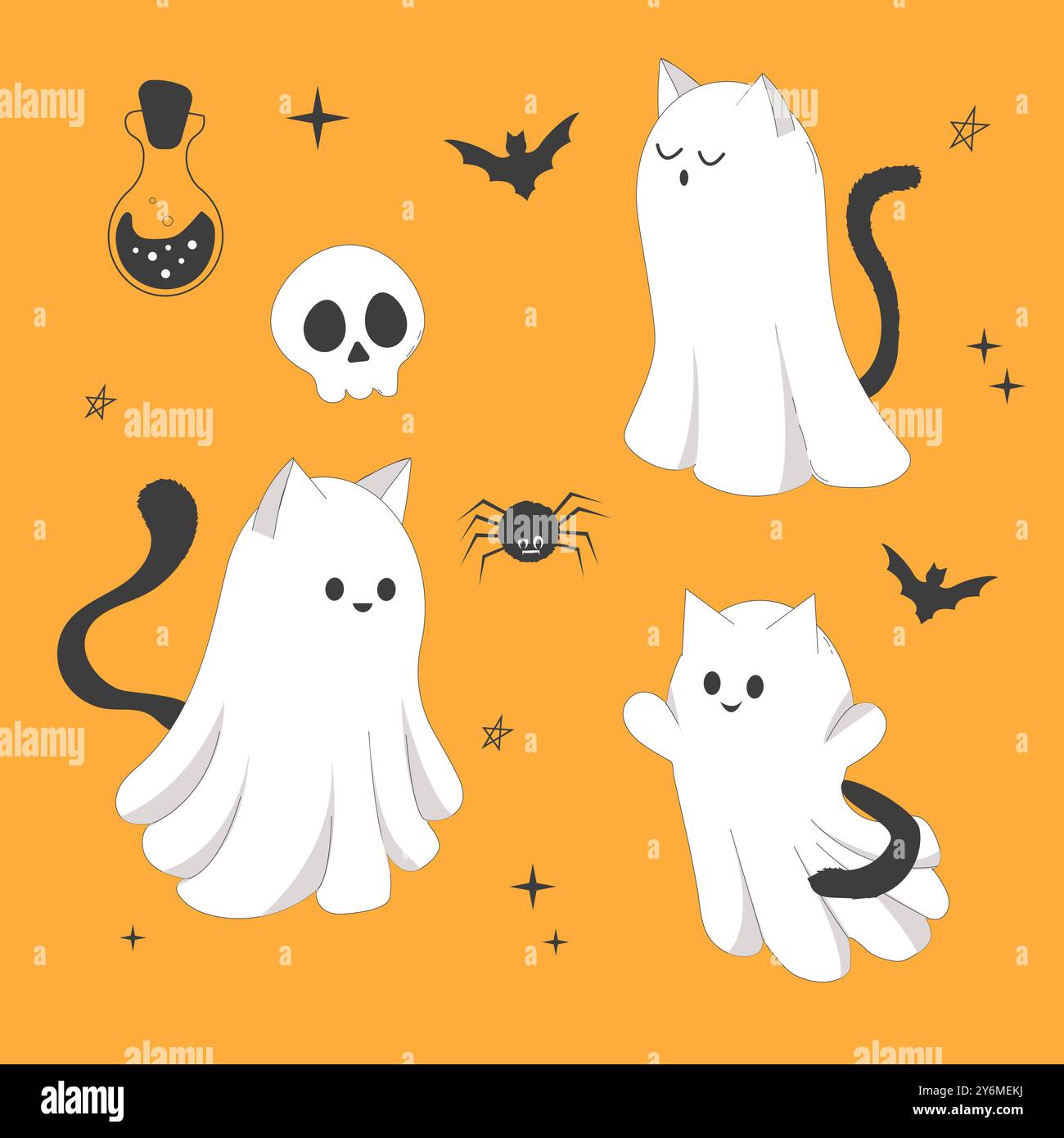 Set Halloween Geisterkatzen niedliche Kritzelfiguren in Kostümen niedliche gruselige Dekoration, Linie. Fledermaus, Sterne, Mondelemente. Tier mit schwarzem Schwanz. . Vektorabbildung Stock Vektor