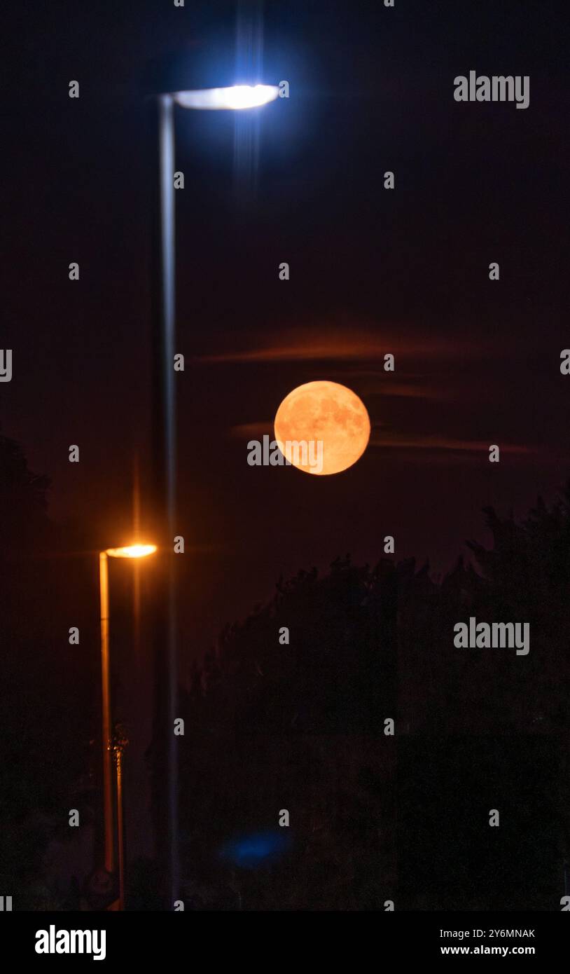 Der September Super Moon an der Südküste Englands mit Straßenlaternen, die die Umgebung beleuchten. Stockfoto