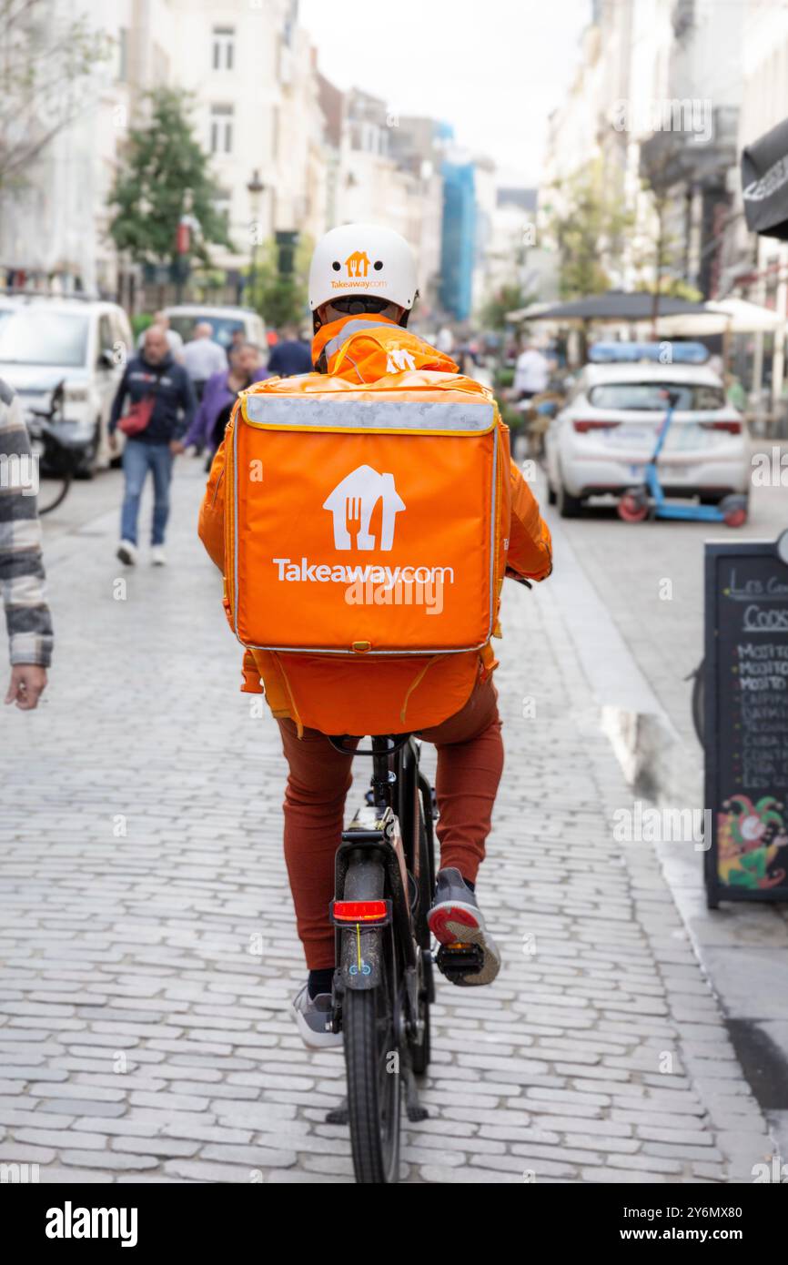 Belgien, Brüssel, Lieferfahrer zum Mitnehmen Stockfoto