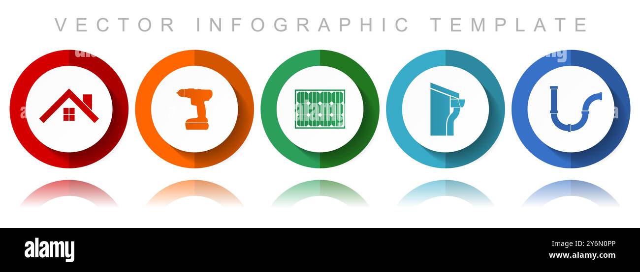 Vektorsymbole für Home Service, verschiedene Symbole wie Haus, Bohrer, Solarenergie, Dach und Dachrinne und Rohr, Infografik templat mit flachem Design Stock Vektor