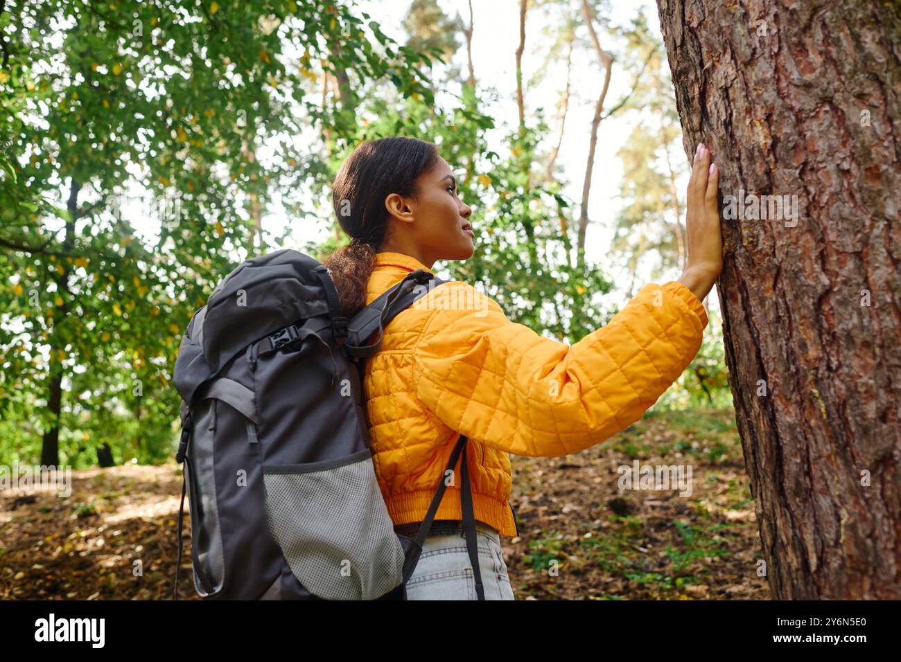 In einer malerischen Herbstkulisse verbindet sich eine junge Frau während ihrer belebenden Wanderung mit der Natur. Stockfoto
