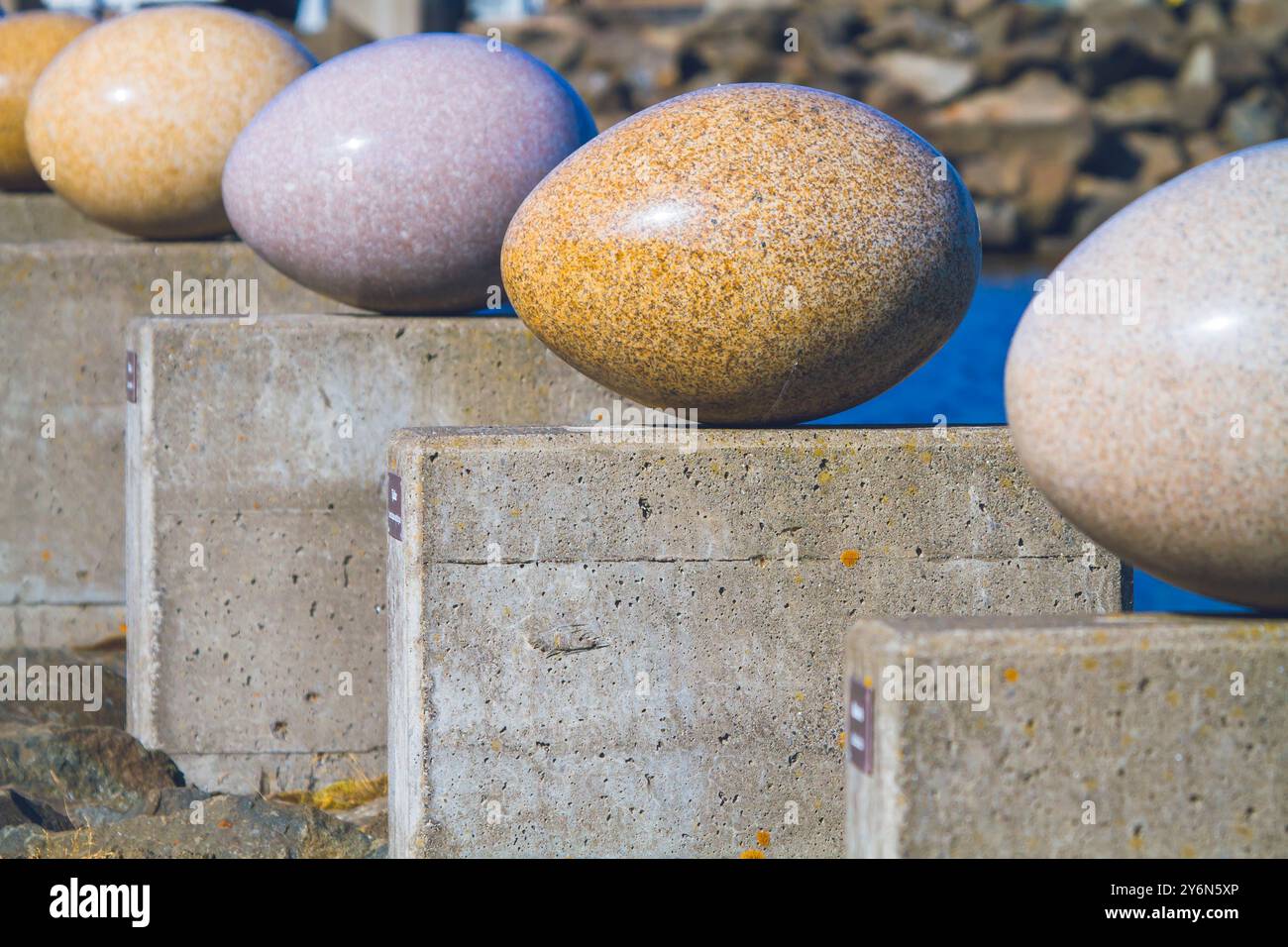 Island, Austurland, Djúpivogur, Eggin i Gledivik, Gledivik Eier, zeitgenössische Arbeit, 34 geschnitzte Eier, von Sigurður Guðmundsson Stockfoto