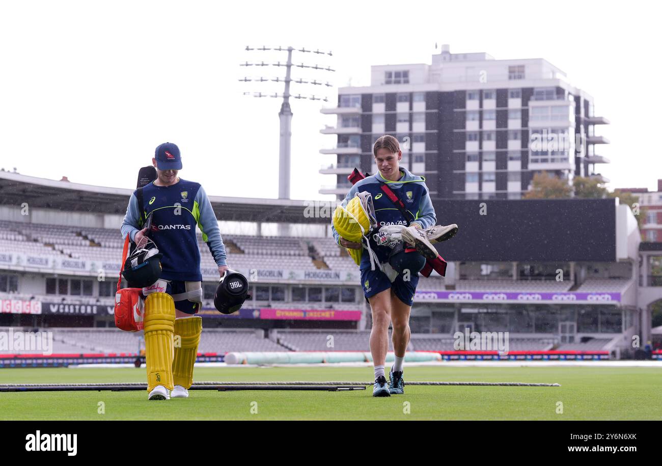 Die Australier Jake Fraser-McGurk und Cooper Connolly (rechts) während einer Netzveranstaltung auf dem Lord's Cricket Ground in London. Bilddatum: Donnerstag, 26. September 2024. Stockfoto