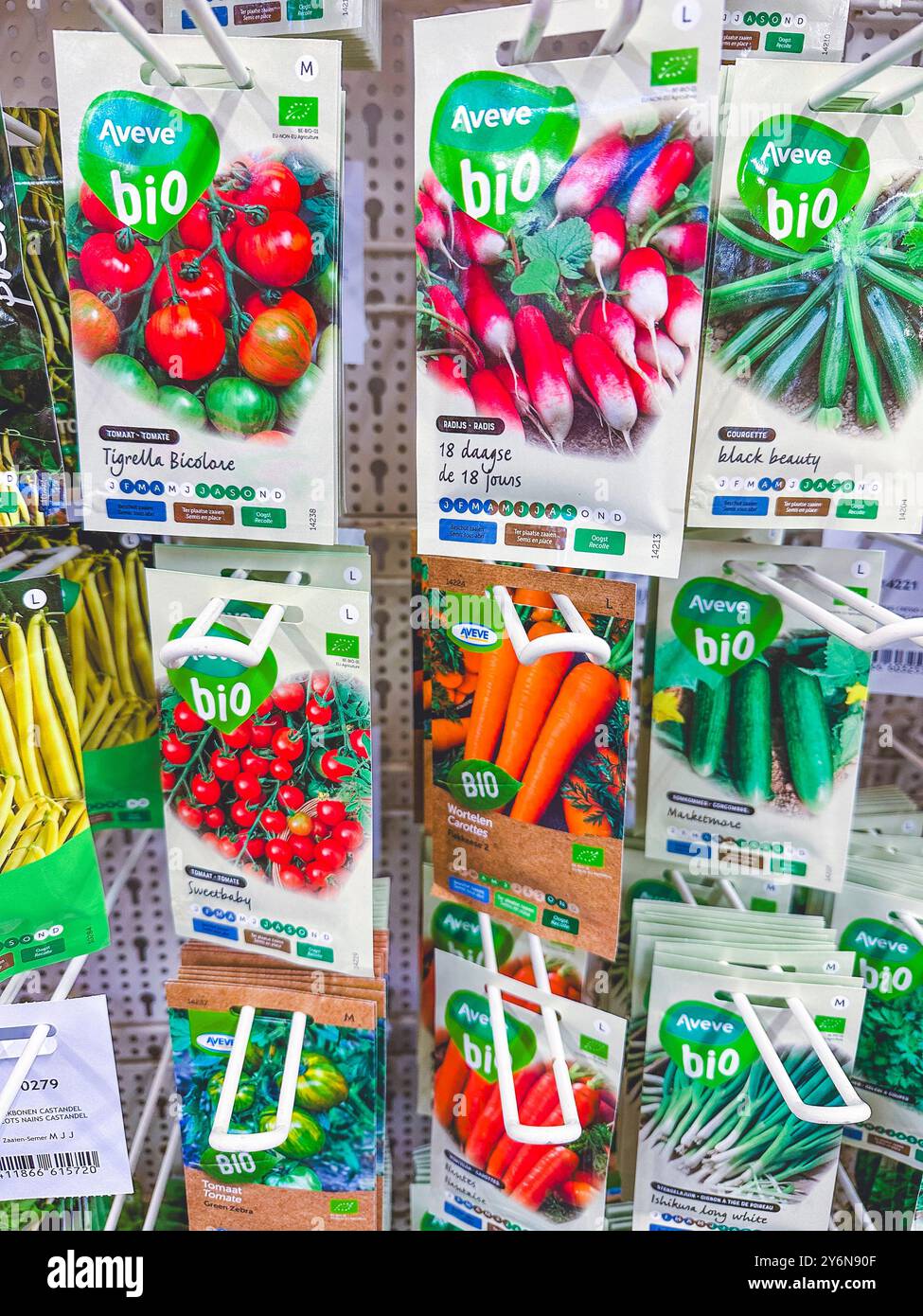 Gartencenter, Saatgutabteilung, Produits Bio Aveve Stockfoto