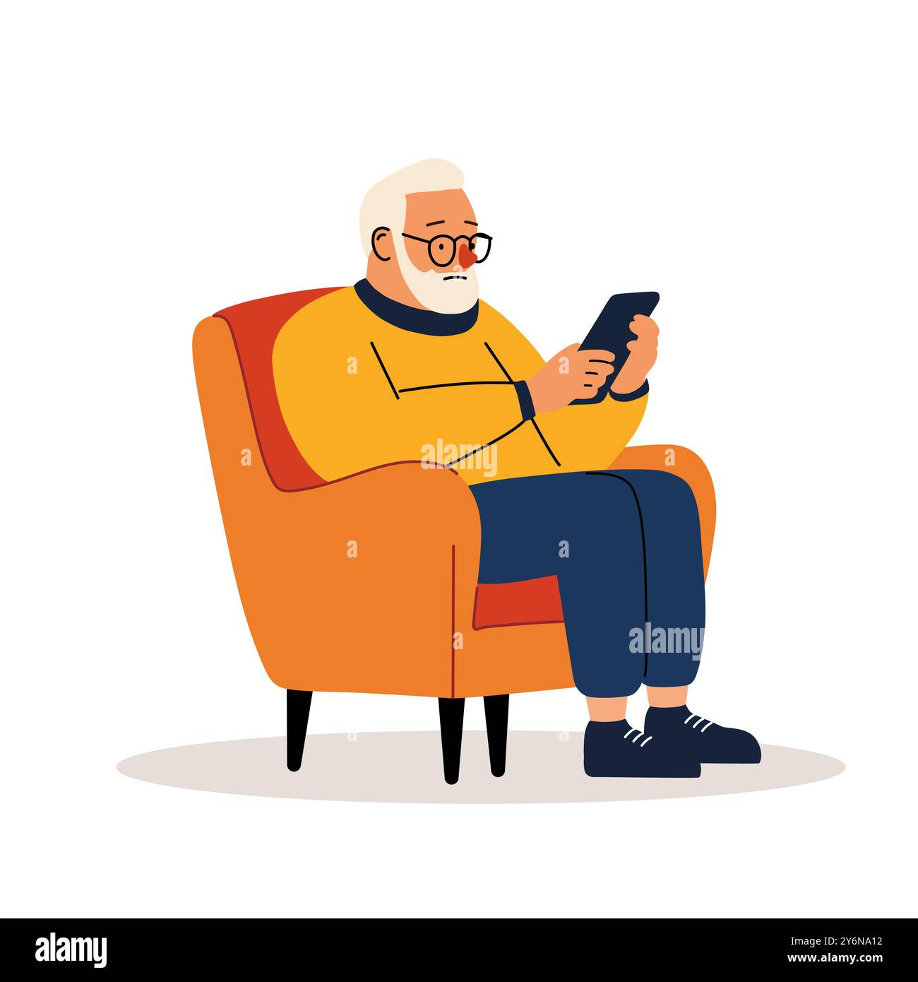 Ein älterer Mann sitzt im Sessel und liest eine Nachricht auf einem Smartphone oder Tablet. Stock Vektor