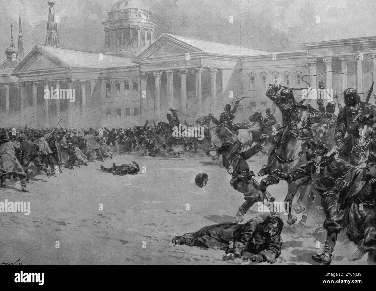 Die Kosaken sind mit der Menge unterwegs und laden die Stürmer am 22. Januar mit beladenen Peitschen auf. Das erste Blut in der Revolution, das die Streikenden mit Schwert, Peitsche und Schuss vor dem Admiralitätsgebäude, St. Petersburg, im Januar 1905, abwehrte Stockfoto