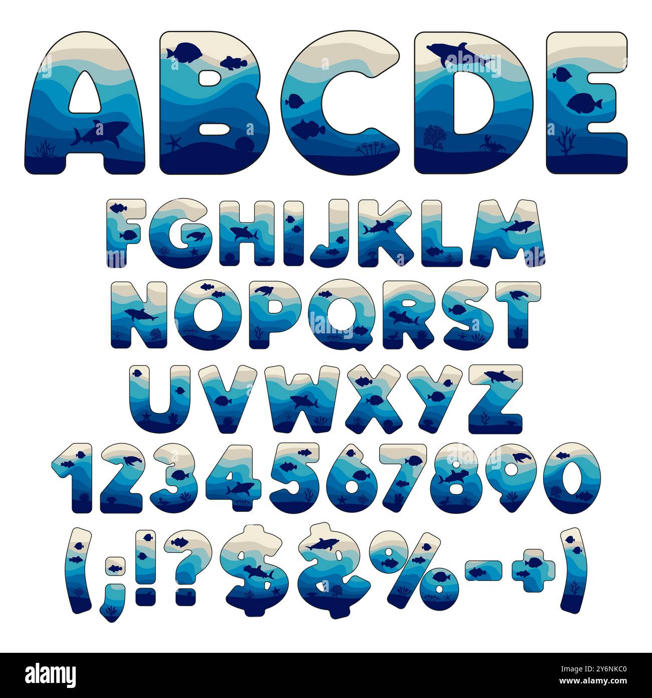 Alphabet, Buchstabe, Zahl, Zeichen, Meeresfontäne aus Wasserschichten und die Silhouette von Meerestieren und Korallen. Isoliertes Vektorobjekt auf weißer Rückseite Stock Vektor
