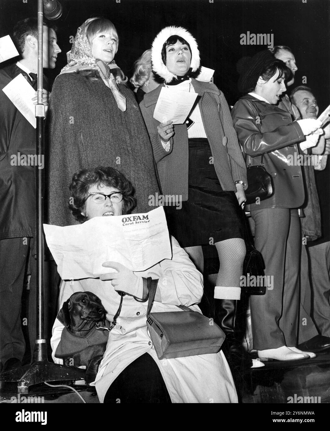 Mrs Audrey Cutler, gerettet von der Menge und wieder vereint mit Penny, ihrem Hund, singt heute (Sonntag) zusammen mit den Popstars Marianne Faithfull und Dodie West Lieder beim Oxfam-Konzert am Trafalgar Square in London. Mrs. Cutler, aus Sidcup, Kent und ihr Hund wurden von der Polizei gerettet, als die Menge vordrang, um Bärenpopstars zu sein, die den Gesang beim Konzert anführten. Eine Reihe von Menschen, die mit Füßen getreten werden könnten, wurden von der Polizei rausgezogen. - 19. Dezember 1965 Stockfoto