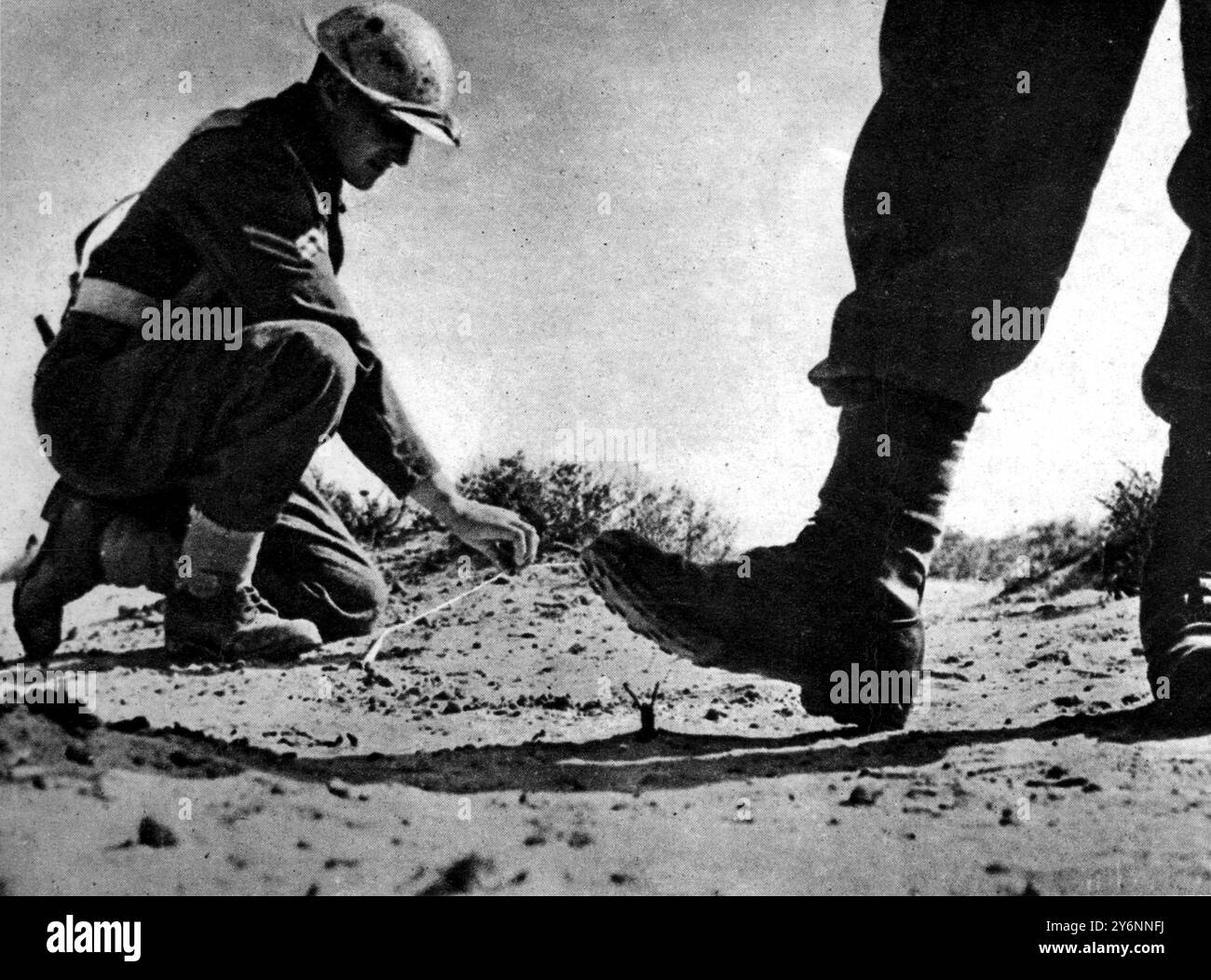 Eine Waffe, die in diesem Krieg in den Vordergrund gerückt ist, die Landmine feindliche Minen, die S-Mine, die von einer Person ausgelöst wird, die auf kleine Zinken aus dem Boden tritt Februar 1943 ©2004 Topfoto Stockfoto