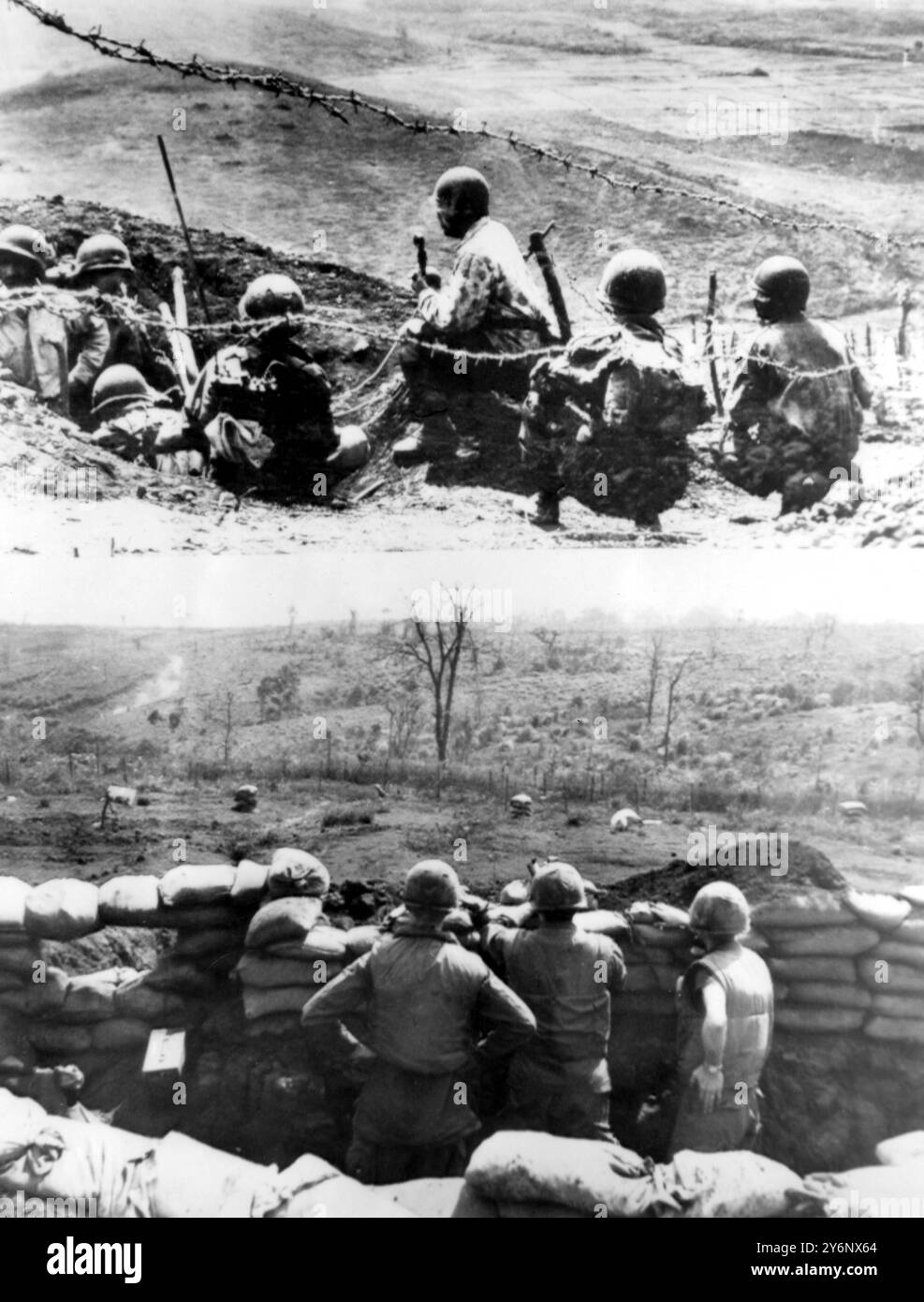Khe Sanh, Südvietnam die Belagerung der UN-Marine-Festung in Khe Sanh am 2. März 1968 (unteres Foto) erinnert an die ähnliche Position der französischen Armee bei Dien Bien Phu im Jahr 1954 (oberes Foto), als kommunistische vietnamesische Truppen den entscheidenden Sieg des Französisch-Indo-China-Krieges erzielten. Es gibt Ähnlichkeiten im Gelände und in den Methoden der Belagerung, und der sam man - Gen Vo Nguyen Giap - leitet die kommunistischen Kräfte. Stockfoto