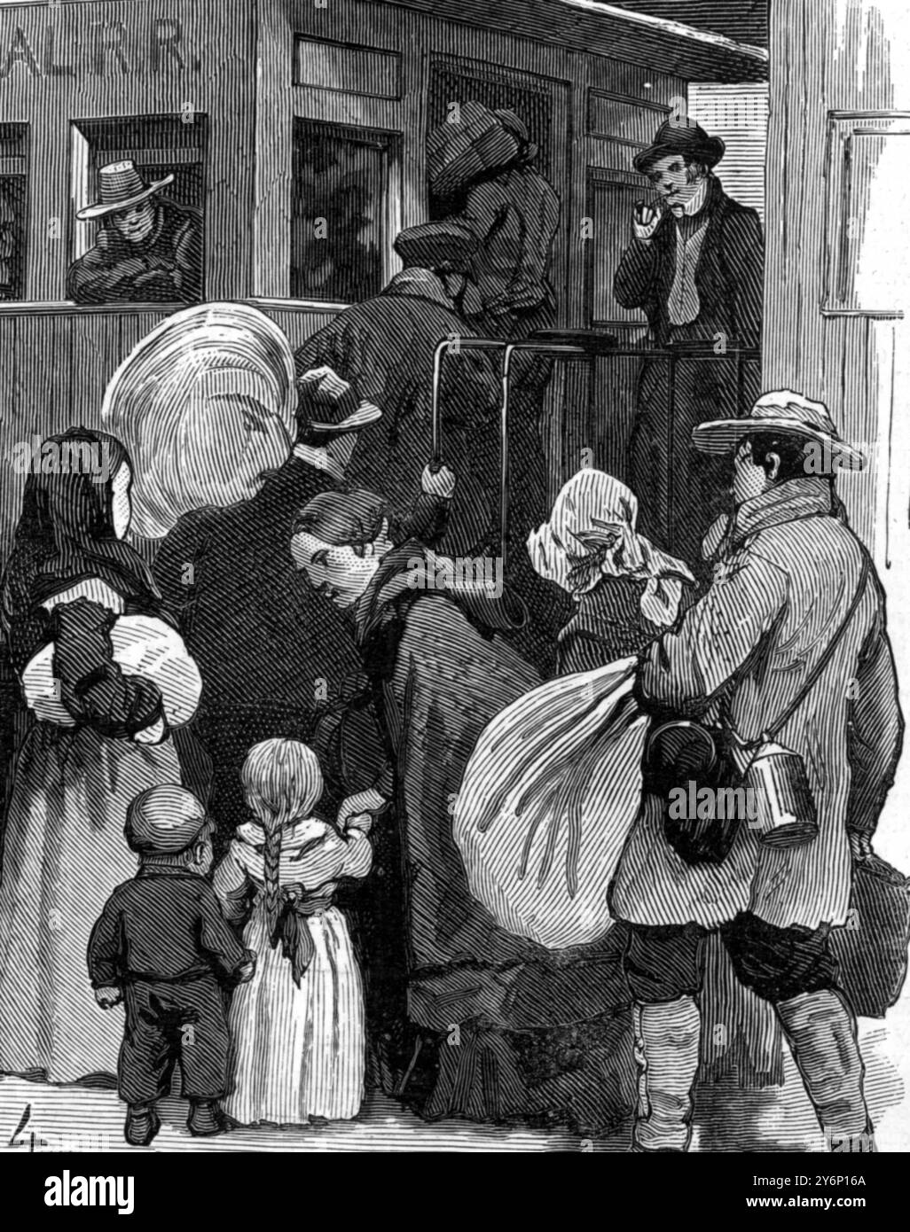 Immigranten in Amerika, die in Richtung Westen in Eisenbahnwaggons einsteigen Stockfoto