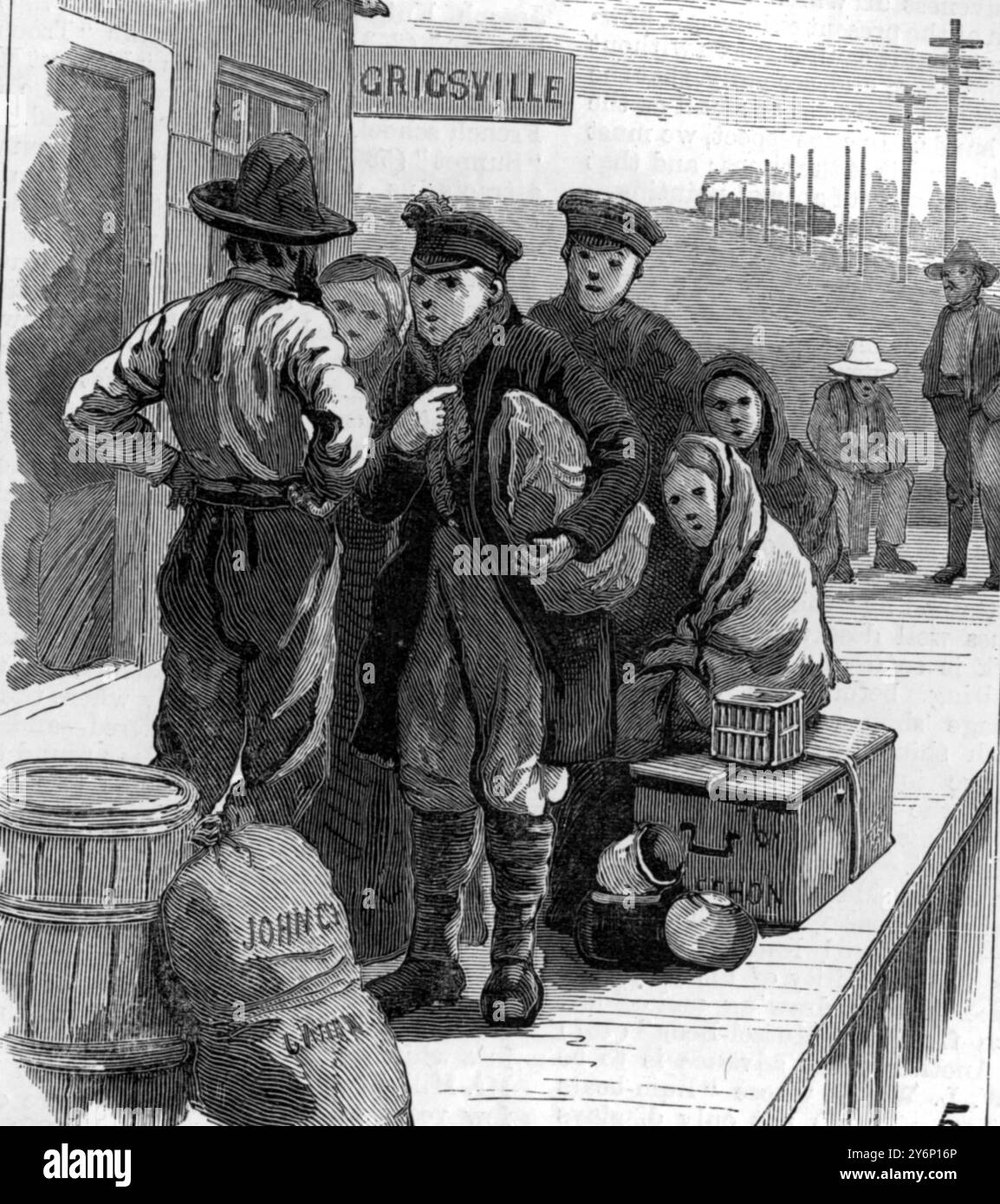 Immigranten in Amerika kamen an einem Bahnhof in Far West an Stockfoto