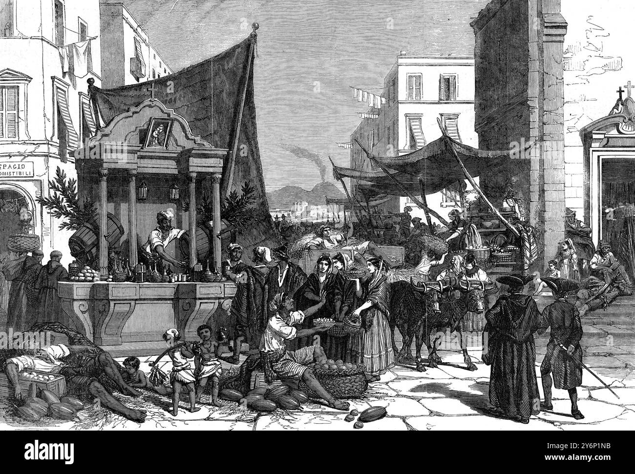 Eine Straßenszene in Neapel, skizziert von Forregio. 1856 die Stadt Neapel zu der Zeit, als der dänische Märchenautor Hans Christian Andersen besuchte. In Neapel schrieb er ein Kapitel des Romans „der Improvisatore“ und wurde auch inspiriert, die Geschichte „der Schatten“ zu schreiben. Italien war einer seiner Lieblingsorte, um mit Deutschland zu reisen. Im Jahr 2005 jährt sich Hans Christian Andersens Geburt 200 Jahre. Aus diesem Grund wird es eine globale Feier geben, um den dänischen Autor zu erinnern und zu ehren. Stockfoto