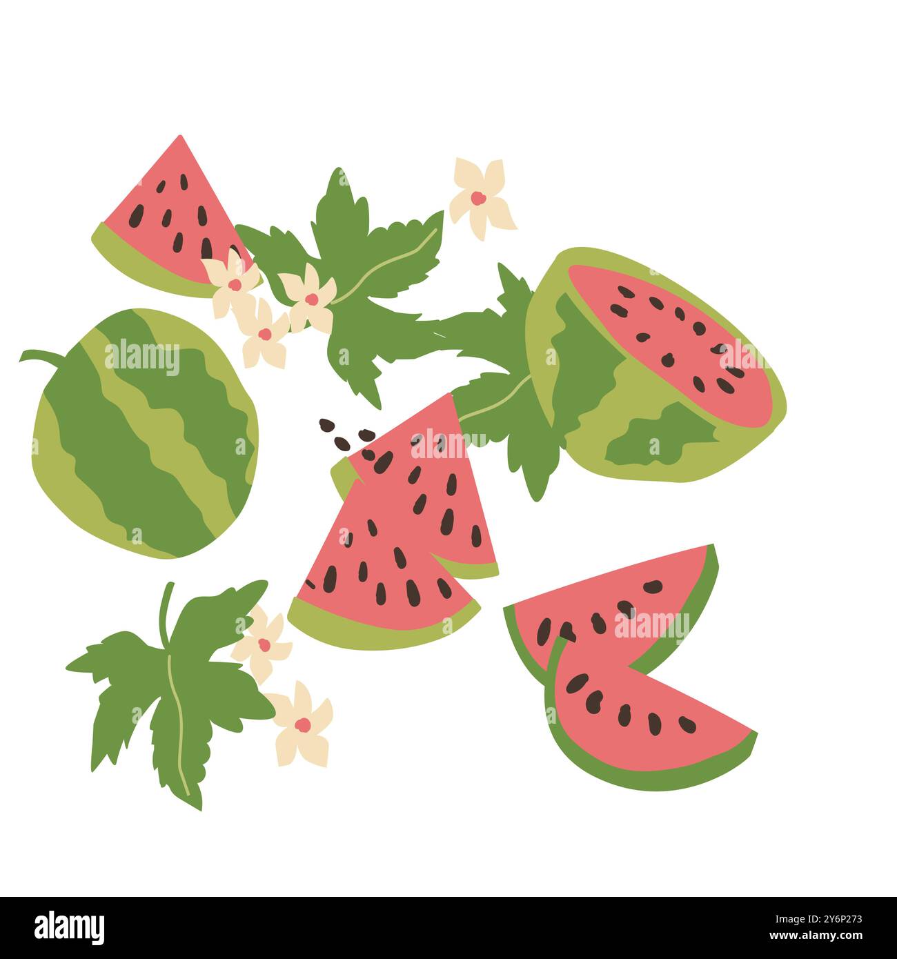 Hand gezeichnete flache Vektor-Illustration von Wassermelone. Abstraktes modernes Muster mit tropischen Früchten. Wassermelone ganz, Scheiben und Blumen, Blätter in Retro-Farben. Stock Vektor