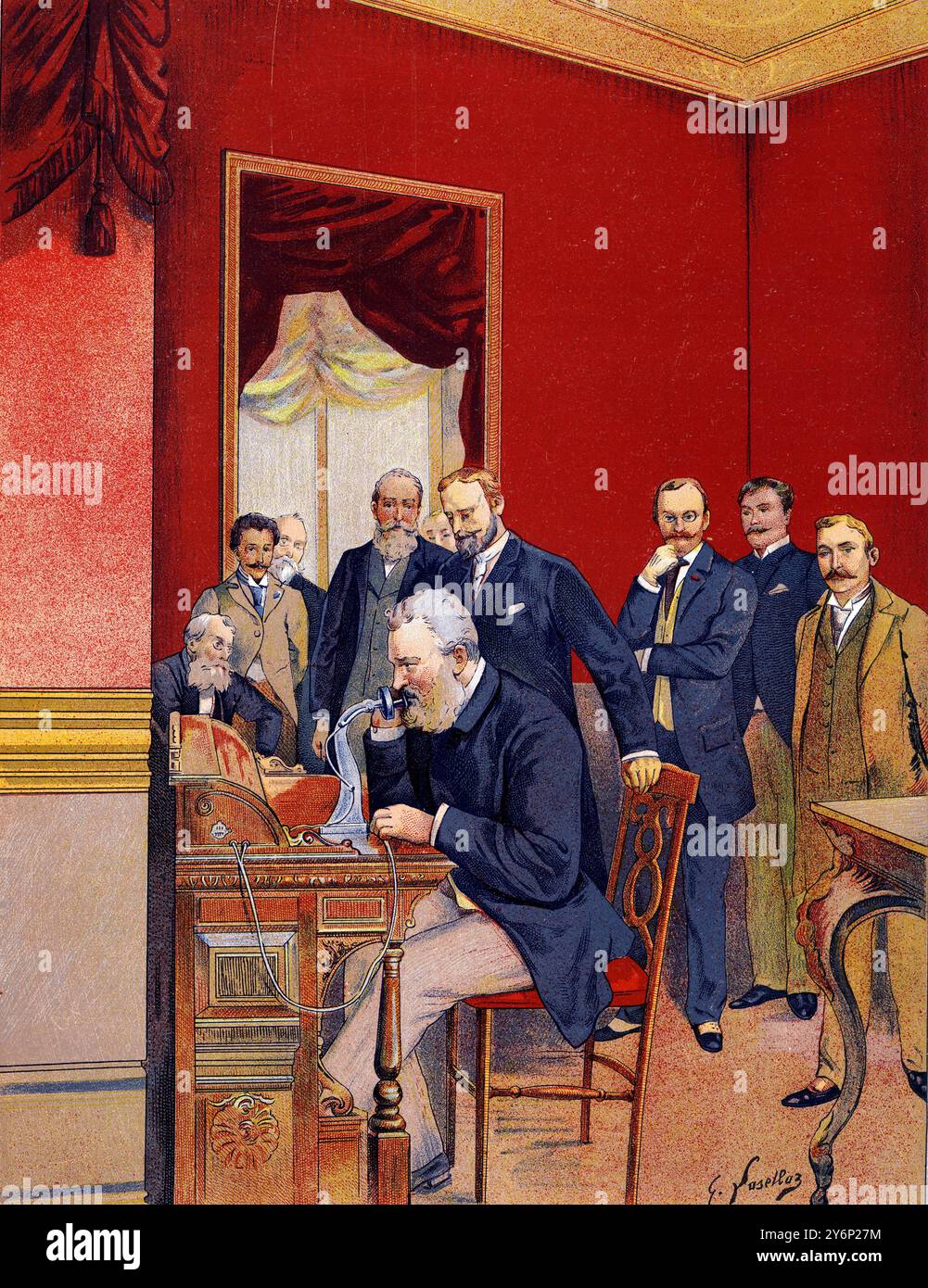 Alexander Graham Bell (1847–1922), der schottische Erfinder des Telefons im Jahr 1876, weihte am 18. Oktober 1892 das New York-Chicago-Telefon ein, von Gustave Francois Lasellaz (1848–1910) - aus „Les Dernieres Merveilles de la Science“ de Daniel Bellet (chromolitho) - Stockfoto