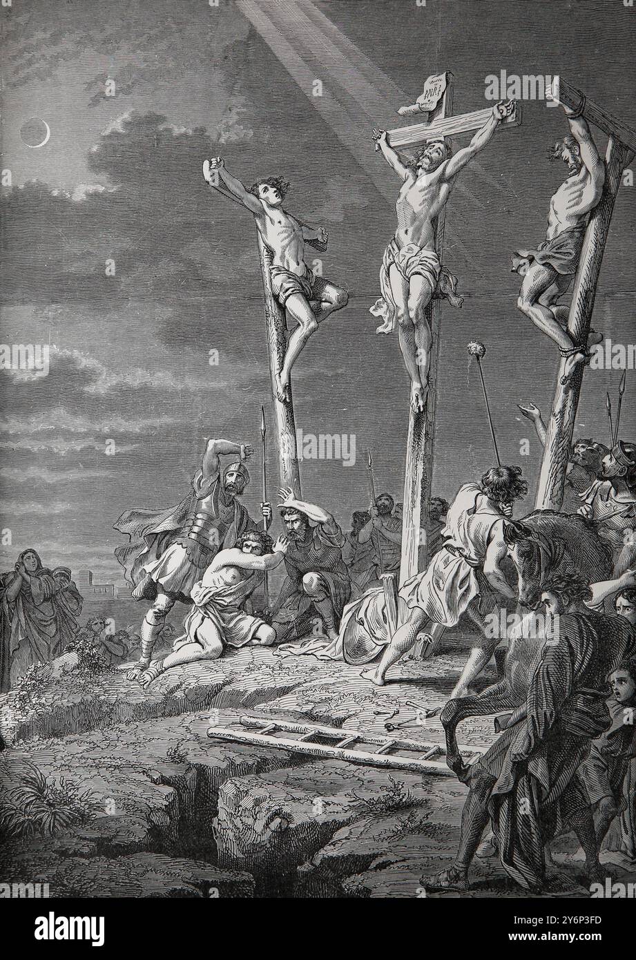 Illustration des Todes Christi der Kreuzigung (Evangelien) und aus der Antike National Comprehensive Family Bible (John Harrop Manc Stockfoto