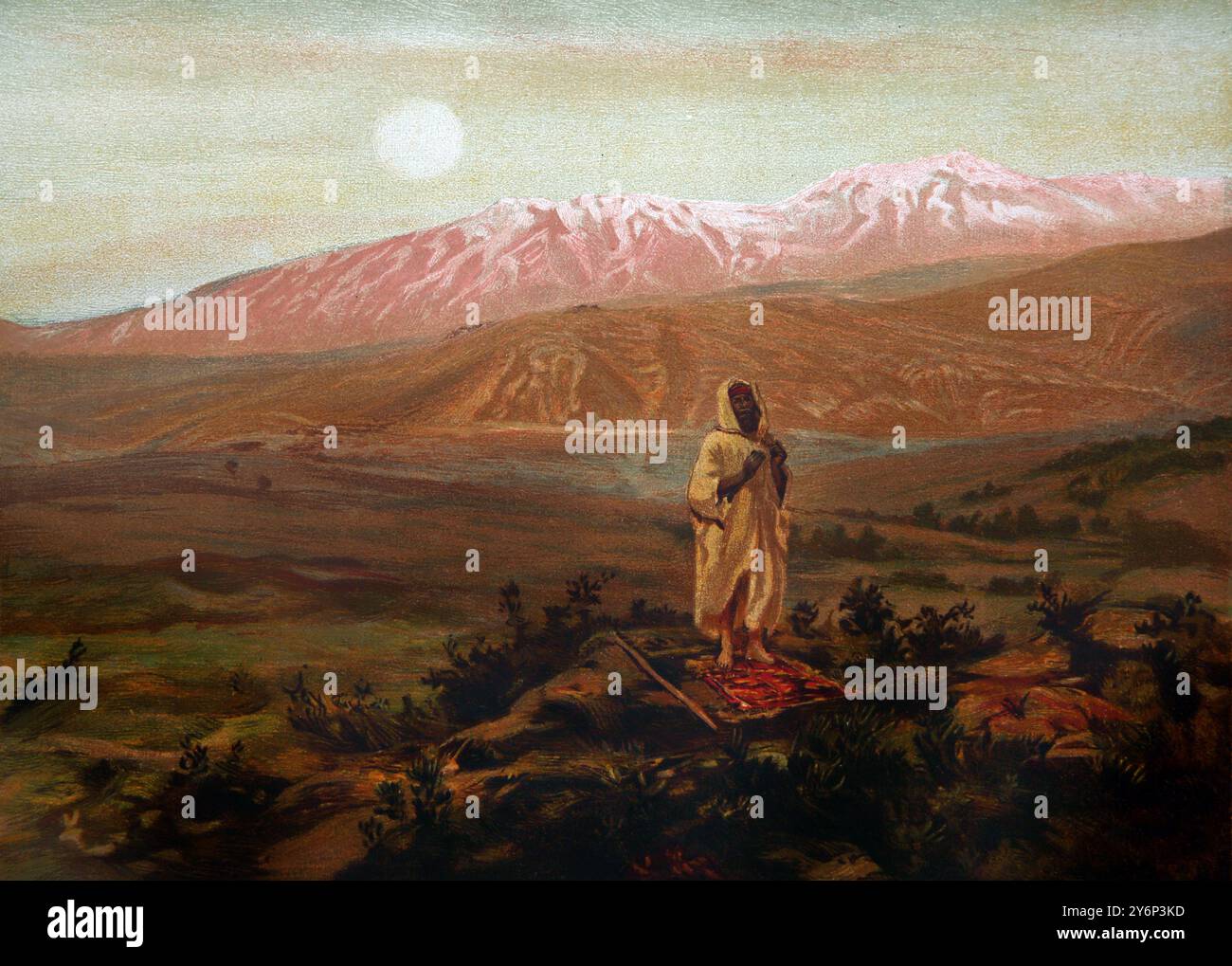 Man Praying on Mount Hermon on Anti-Libanon Mountain Range von Philip R Morris aus der Antique National Comprehensive Family Bible (Johannes Stockfoto