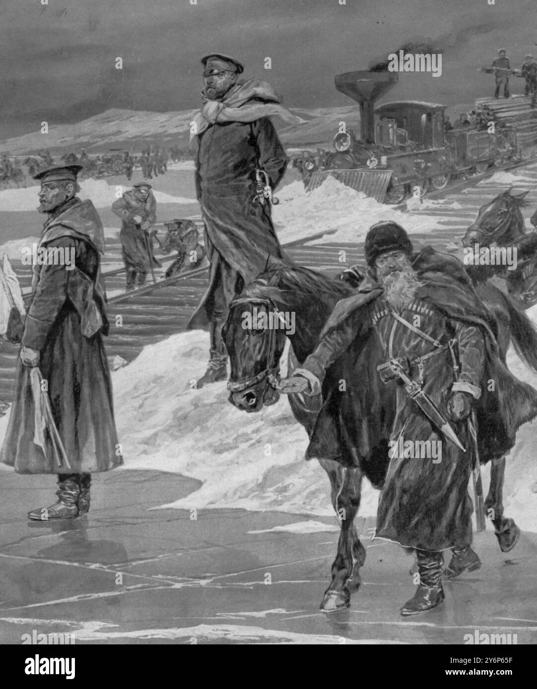 Die Eisenbahn auf dem Eis Russischer Transport über Einen gefrorenen Fluss Eine russische Feldbahn über einen icc-Fluss 1904 Stockfoto