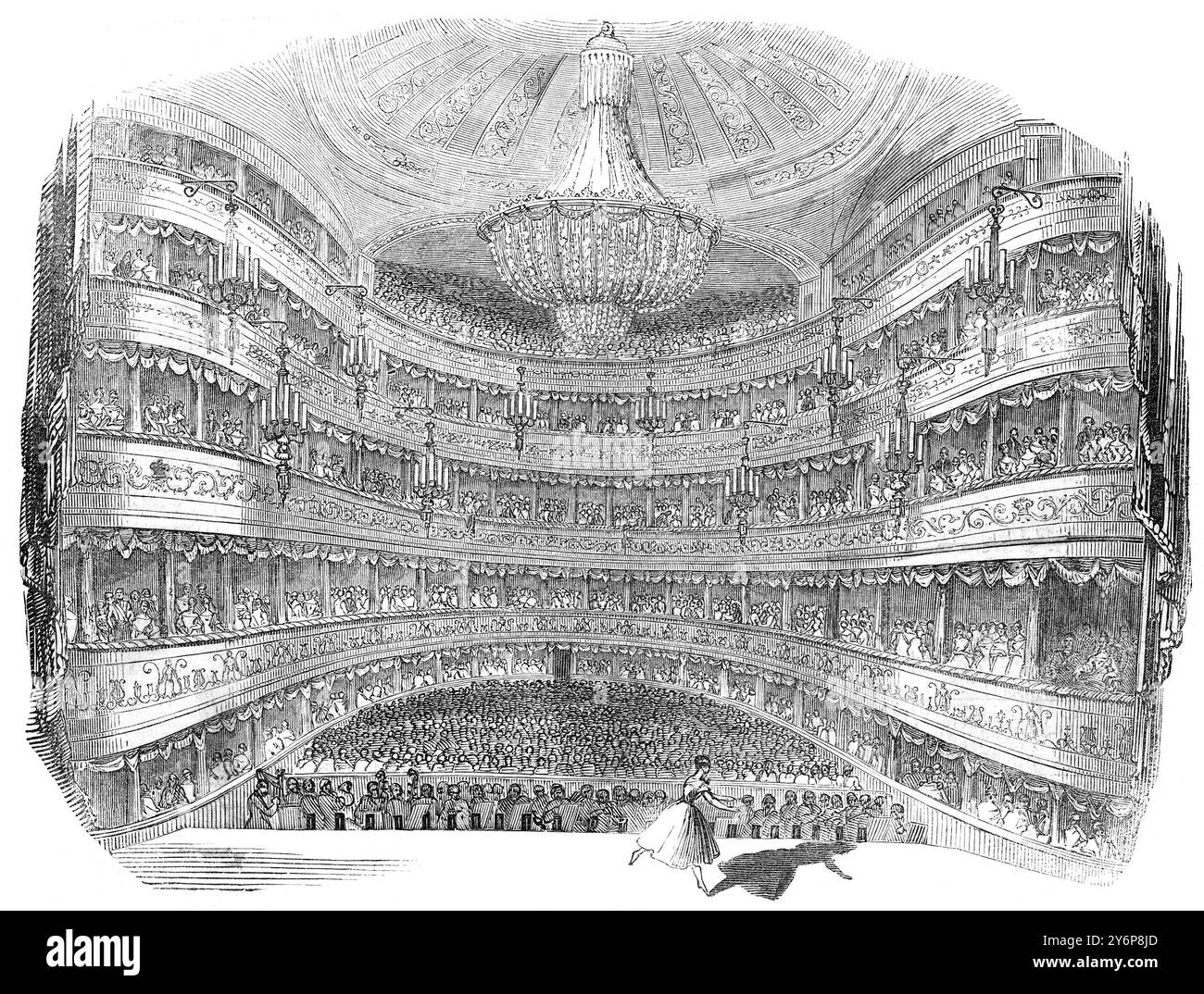 Offizieller Staatsbesuch von Zar Nikolaus I. von Russland in Großbritannien, 1844. Das Bild zeigt das Innere des her Majesty's Theatre in London, wo der Zar zusammen mit Königin Victoria und Prinz Albert die Oper besuchte. Juni 1844 Stockfoto