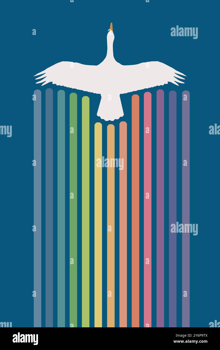 Eine Schneegänse wird von oben gesehen, während sie fliegt und eine grafische Farbspur hinterlässt. Stockfoto