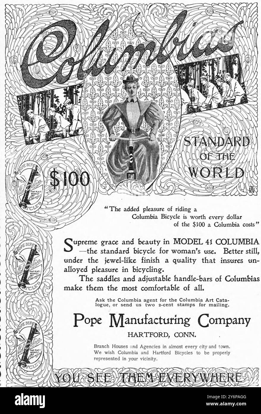 COLUMBIA Fahrräder. Eine Werbung für eine amerikanische Fahrradmarke aus dem Jahr 1896. Stockfoto