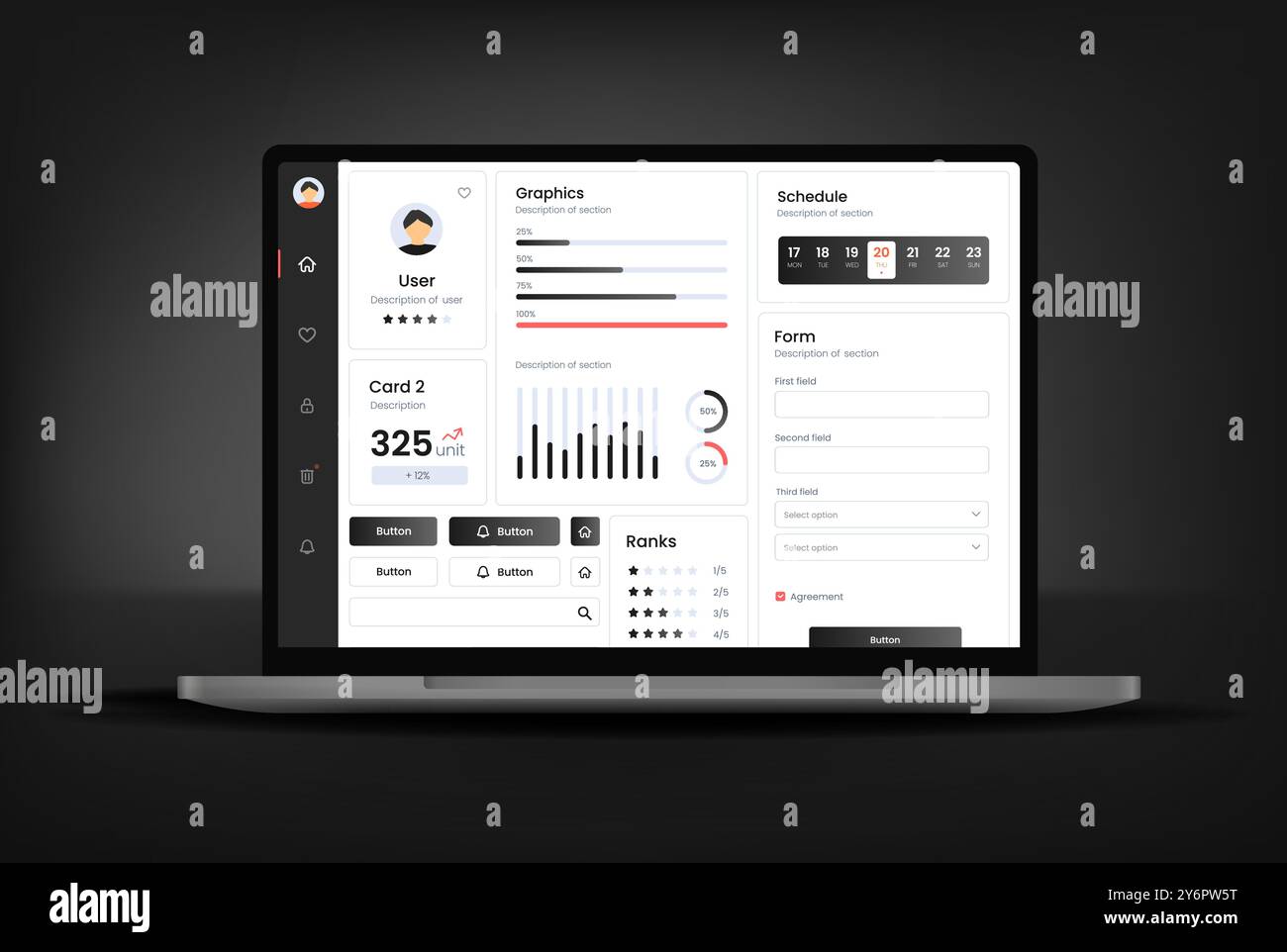 Benutzeroberfläche des Laptops. UX-UI-Design. Bedienbarkeit des Armaturenbretts auf elektronischen Geräten. Diagramme und Tabellen für Datenverwaltung und -Überwachung. Stock Vektor