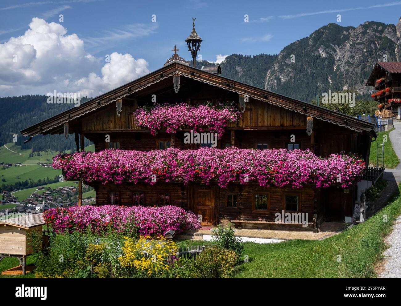 Alpbach: Blumen als Markenzeichen. - Eine unglaubliche Blütenpracht schmückt dieses typische Holzhaus oberhalb von Alpbach in den Kitzbühler Alpen Öst Stockfoto