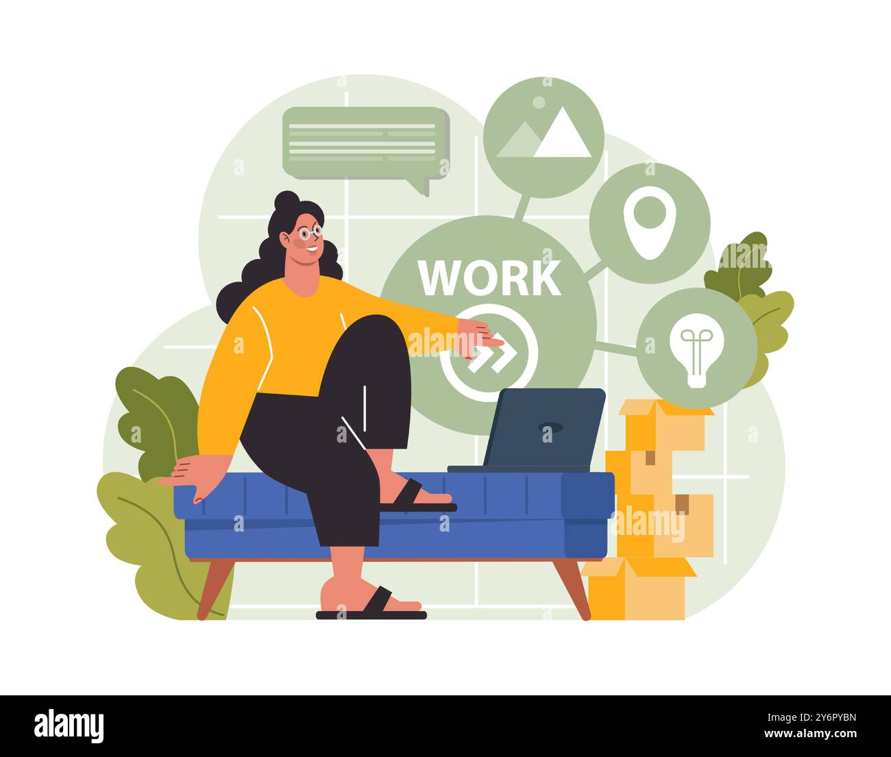 Workcation. Chatacter arbeitet außerhalb des Büros. Digitaler Nomad oder freiberuflicher Mitarbeiter, der Remote und global arbeitet. Flexibler Zeitplan, Outsourcing von Technologie und Arbeitstourismus. Illustration des flachen Vektors Stock Vektor