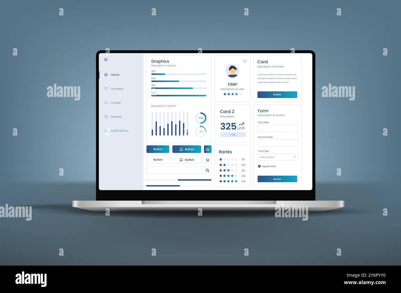 Benutzeroberfläche des Laptops. UX-UI-Design. Bedienbarkeit des Armaturenbretts auf elektronischen Geräten. Diagramme und Tabellen für Datenverwaltung und -Überwachung. Stock Vektor